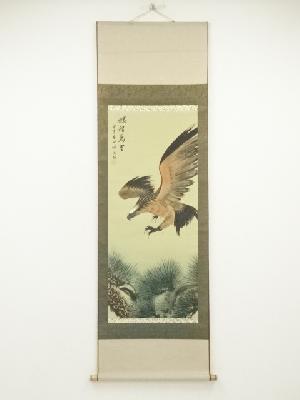 中国　佩文筆　飛鷹喬松　肉筆絹本掛軸（保護箱）